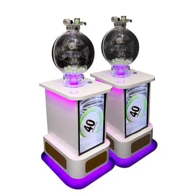 Two white 1D air blower lottery machines with clear ball chambers, purple LED bases and LCD screens showing ball 40
