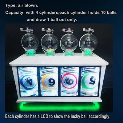 4D-V2 lotto machine lit in green with four air-blown cylinders and individual LCD screens, with capacity specification text on the image