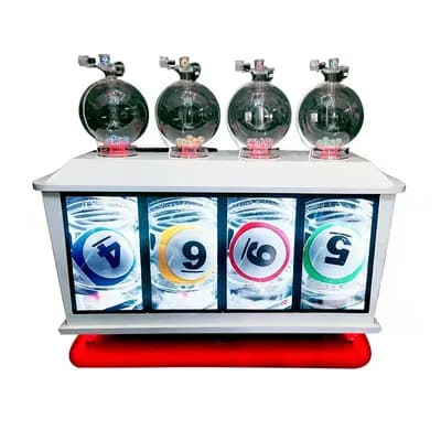 Front view of the 4D-V2 lotto machine on a white background, four acrylic ball chambers on top and four LCD screens showing drawn numbers 4, 9, 6, 5
