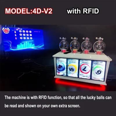 4D-V2 pick 4 lotto machine shown with an external display screen, promotional text explaining the RFID ball reading function overlaid on the image