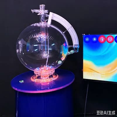 Lottery drawing machine with orange glowing base during a demo beside a screen displaying colorful numbered results