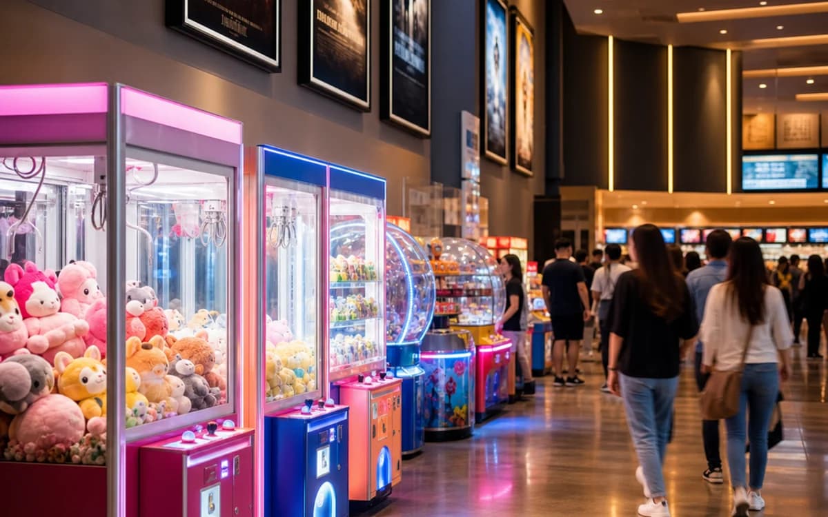 Arcade prize machines in a cinema lobby