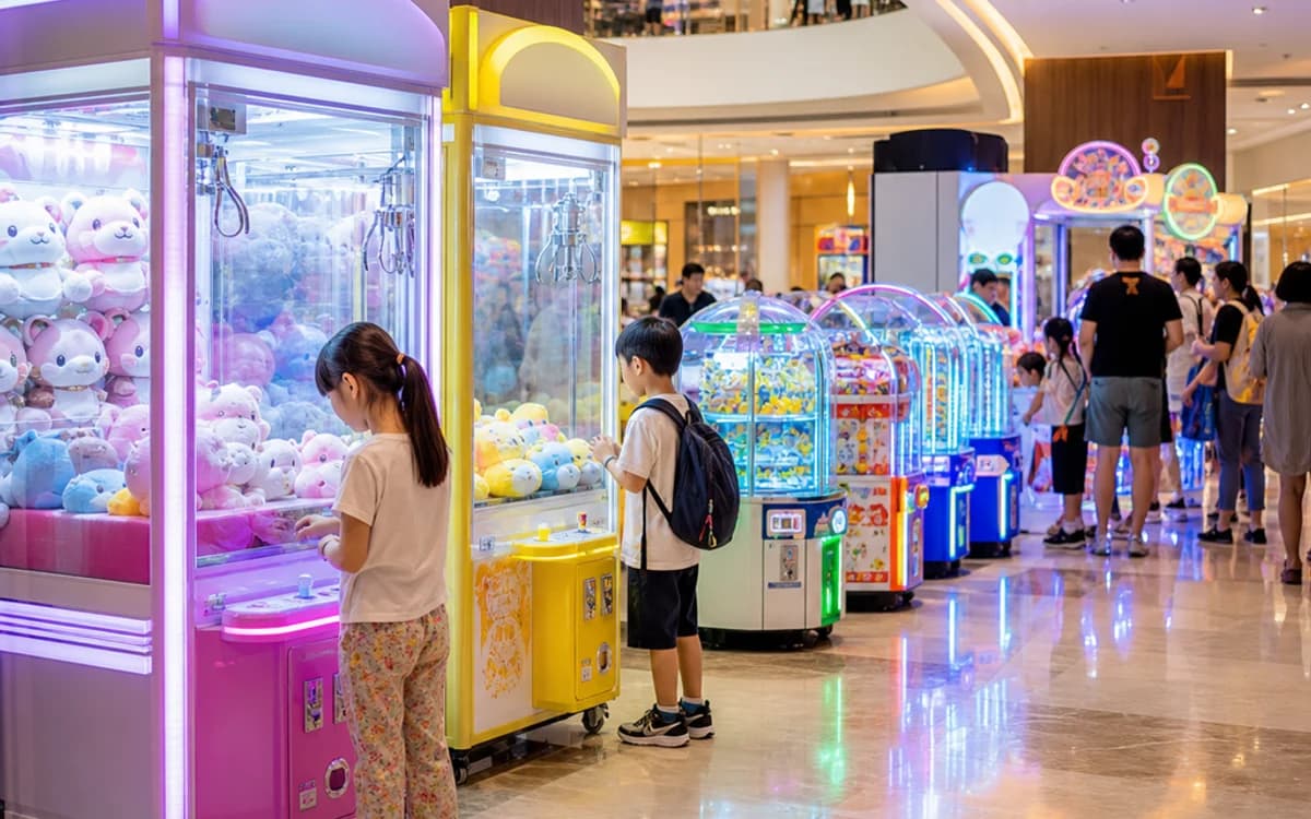 Claw machines in a shopping mall entertainment zone