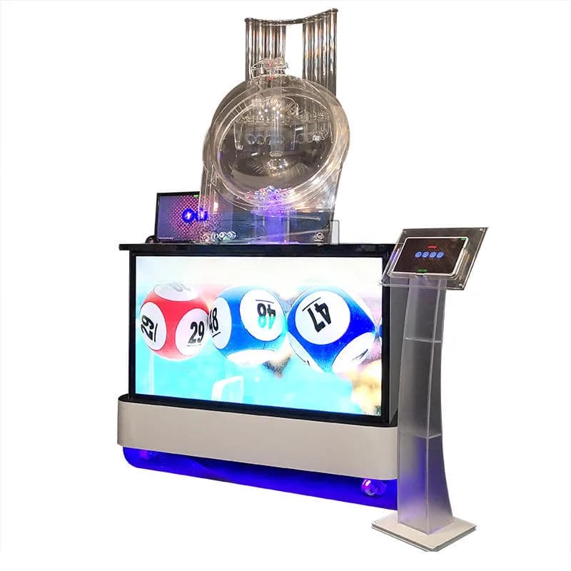 Front view of a 1D-6D lottery machine with TV screen, clear ball chamber on top and a separate touchscreen console stand