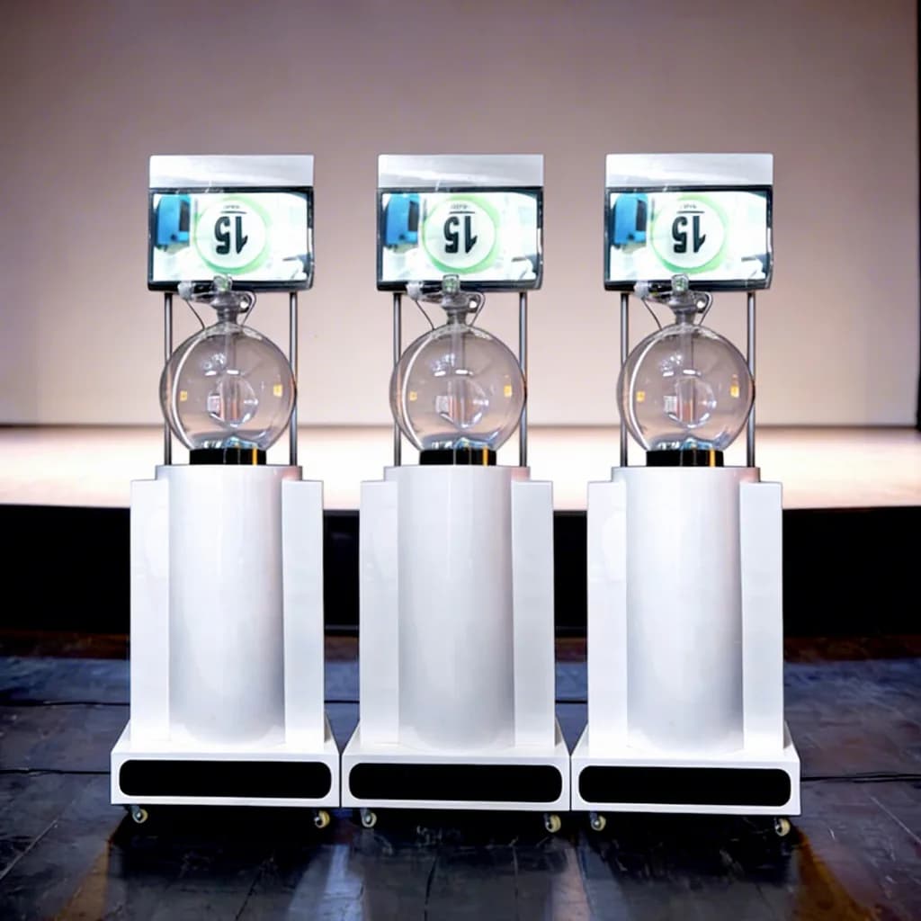 Three white portable single-cylinder lottery machines with clear ball chambers and display screens, front view on stage