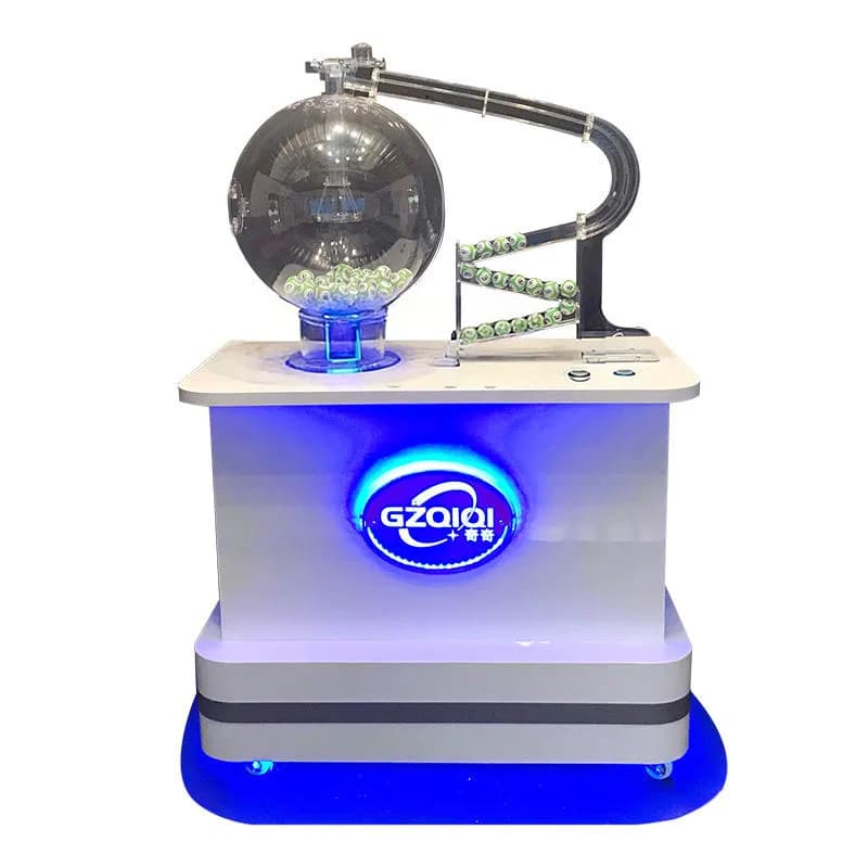 Front view of the 1P420V air-mix lucky draw machine with transparent ball chamber, curved ball track and blue LED-lit white cabinet