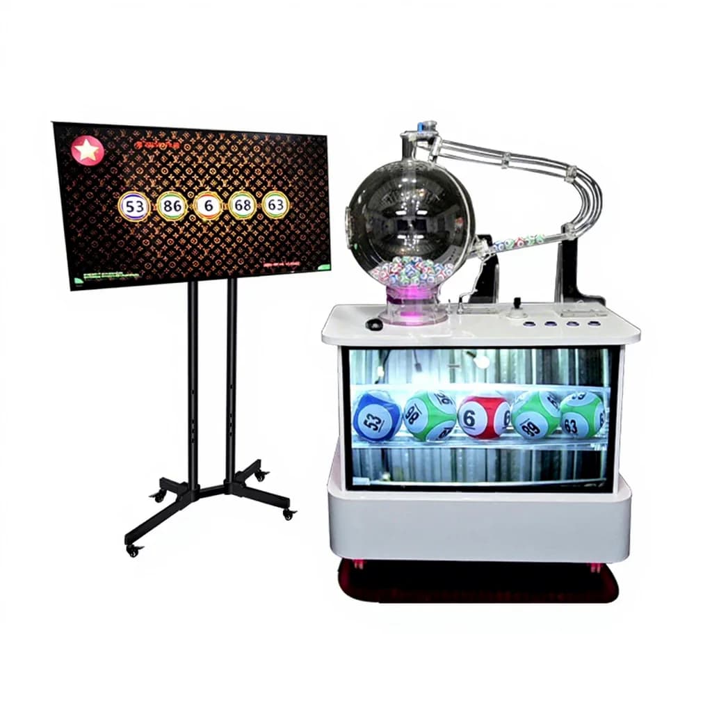 Front view of air mix lottery machine with clear globe chamber and external LCD on stand displaying drawn numbers