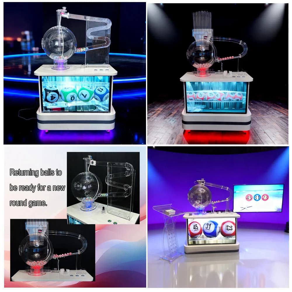 Front view collage of the transparent air-mix lottery machine with glowing LED base, ball chamber and numbered ball display on stage
