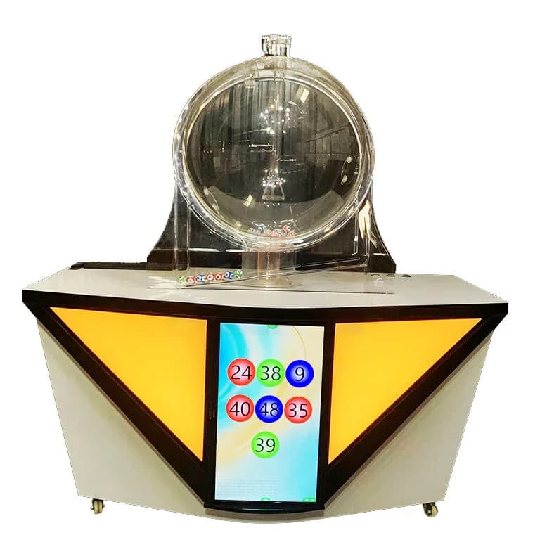 Front view of the 1P800V automatic RFID lottery machine with clear ball drum, yellow LED panels and draw results screen