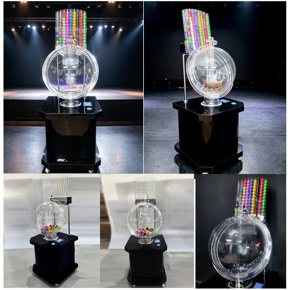 Front view of a 200-ball lotto drawing machine with clear acrylic sphere, colorful ball tubes and black pedestal on stage