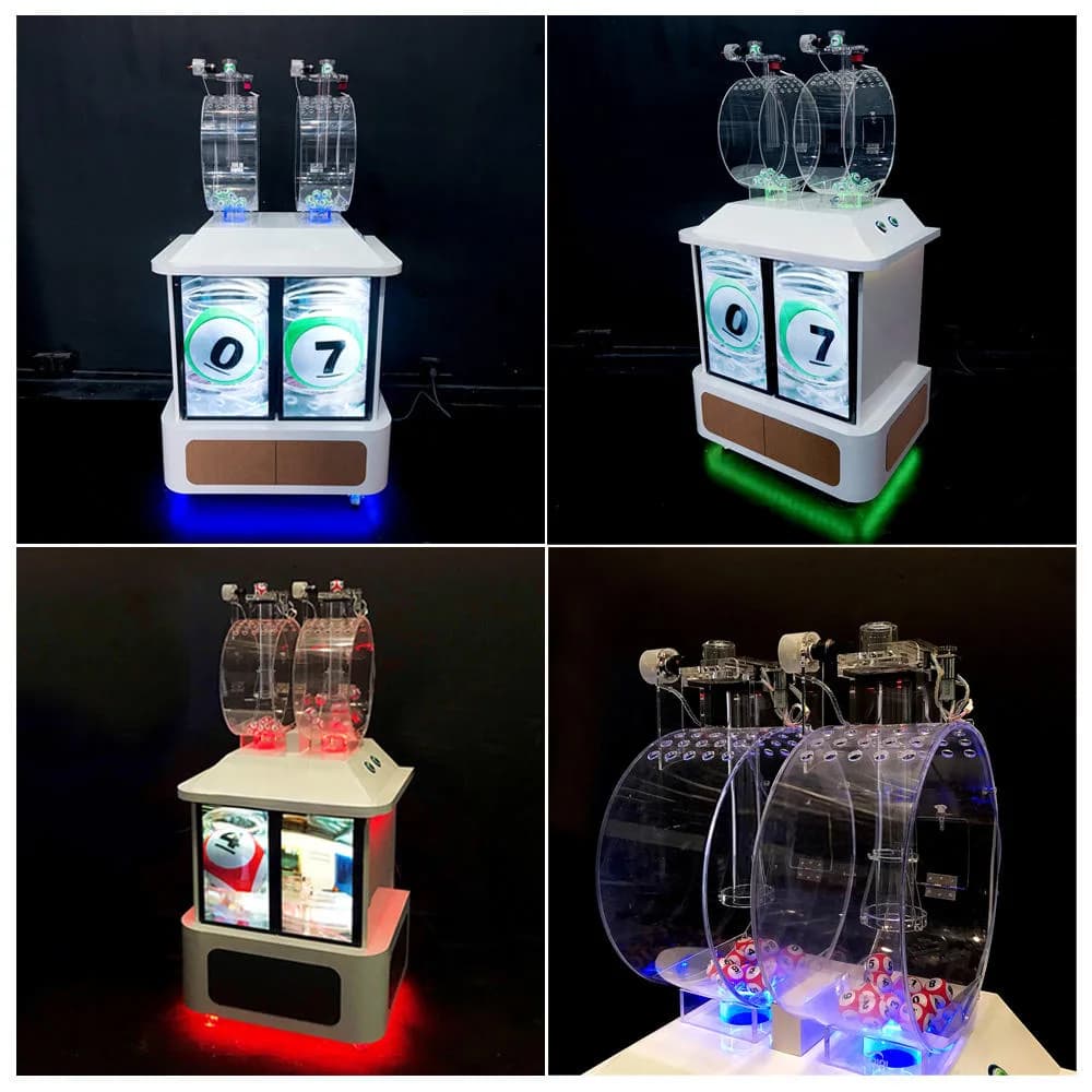 Twin-chamber lottery machine with LCD screens showing numbers 0 and 7, clear drum chambers and colored LED base lighting