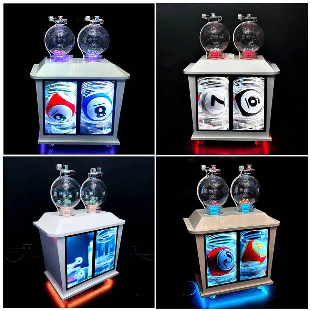Four views of a dual-chamber Pick 2 lottery machine with twin result screens and color-changing LED lighting
