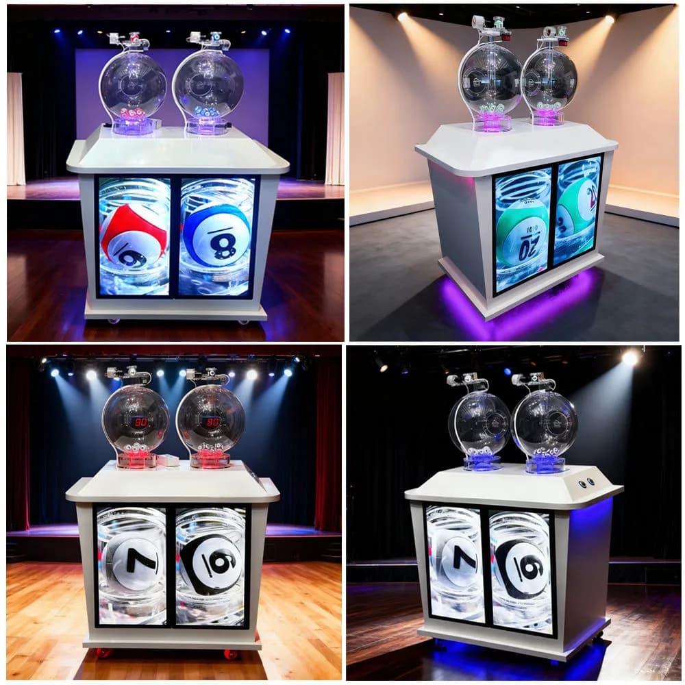 Front and side views of a dual-chamber Pick 2 lottery machine with dual screens showing numbered balls on a lit stage