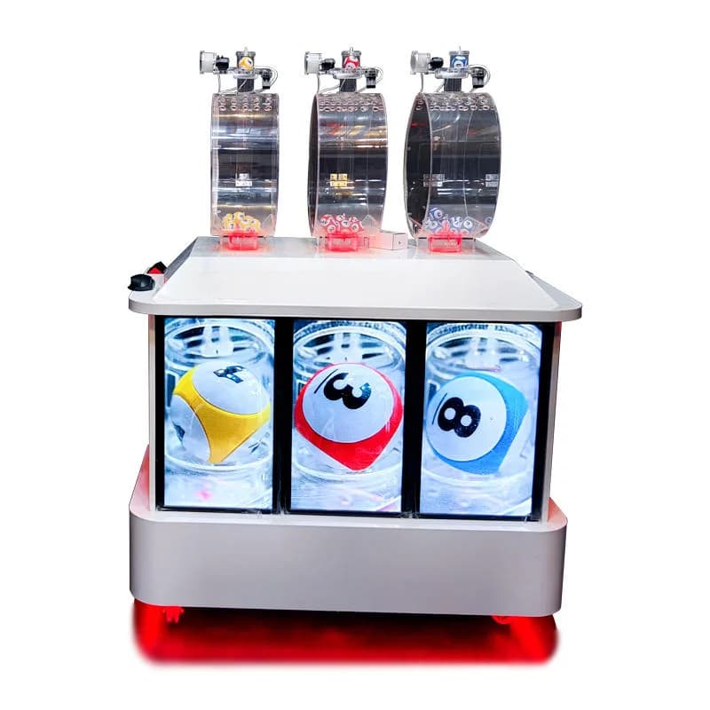 Front view of a 3D-V1 pick 3 lotto machine with three clear drawing drums, ball display screens and red LED base lighting