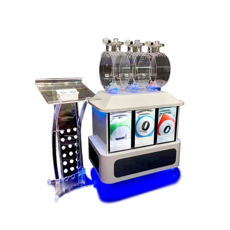 Front view of a pick 3 lottery drawing machine with three clear drums, acrylic control console and blue LED base