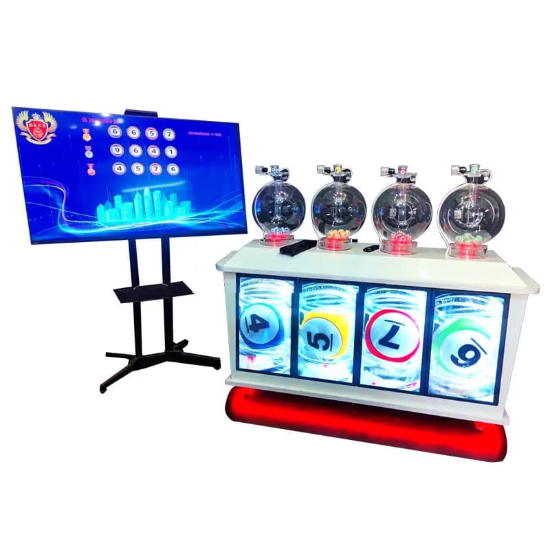 4D-V2 pick 4 lotto machine with four ball chambers and LCD number displays, shown with a separate draw results screen on a tripod stand