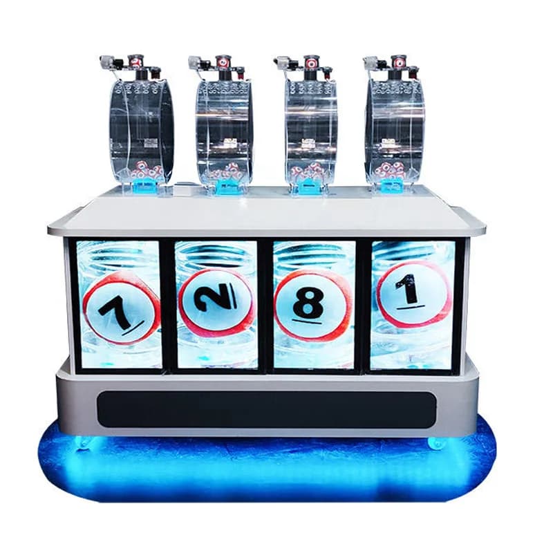 Front view of a four-cylinder pick 4 lottery machine with top cameras and LCD screens showing drawn numbers 7-2-8-1