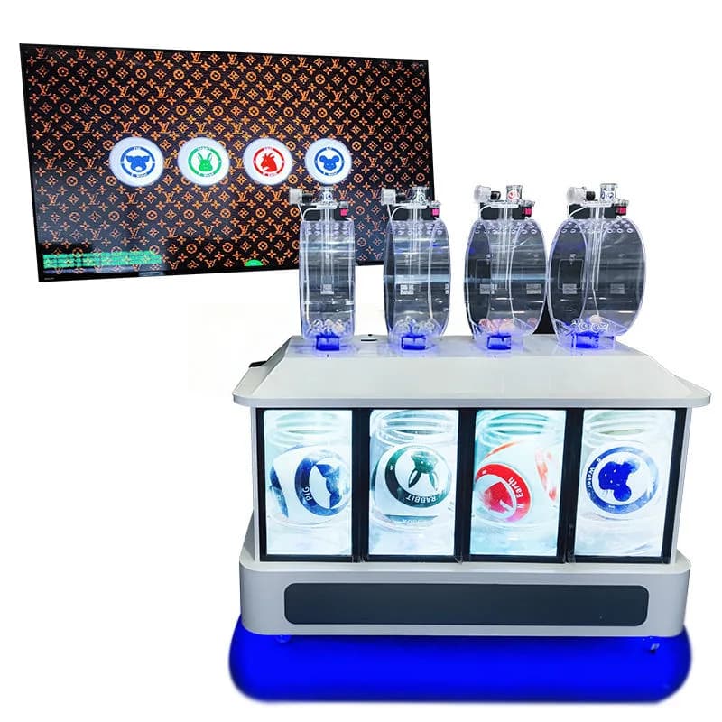 Front view of a pick 4 lottery machine with four transparent ball chambers above four screens displaying colorful zodiac balls