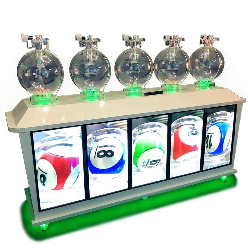 Five-cylinder lottery machine with five TV displays showing colorful numbered balls and green LED base lighting