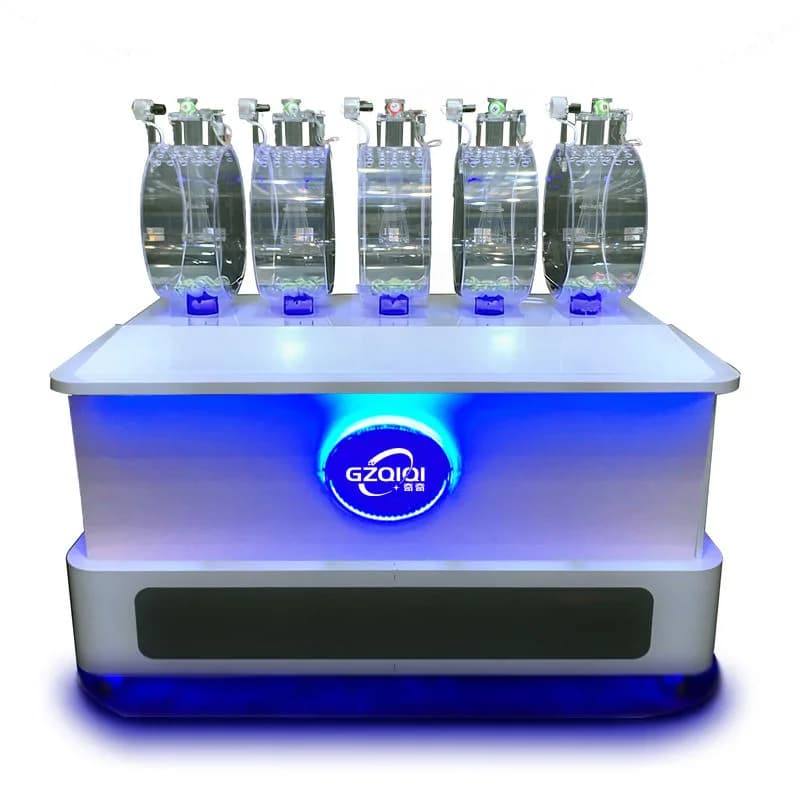 Front view of a 5P350 five-cylinder lottery machine with five clear mixing drums on a white cabinet with blue LED lighting