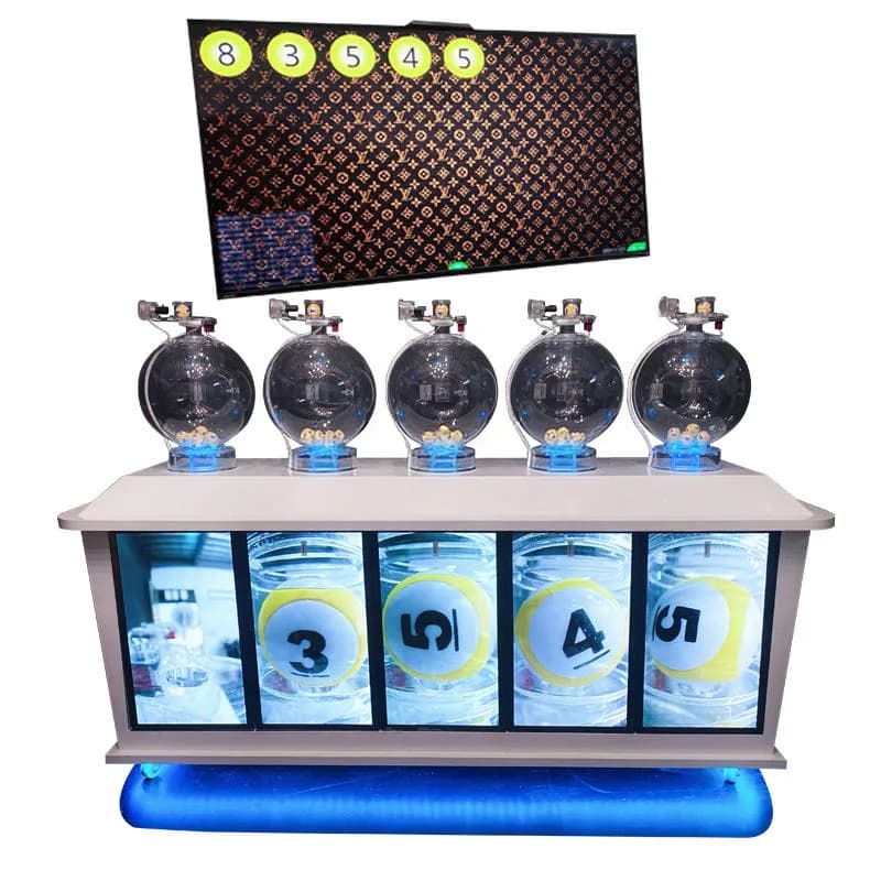 Front view of a pick 5 lottery machine with five clear ball chambers, LED number panels and a result screen