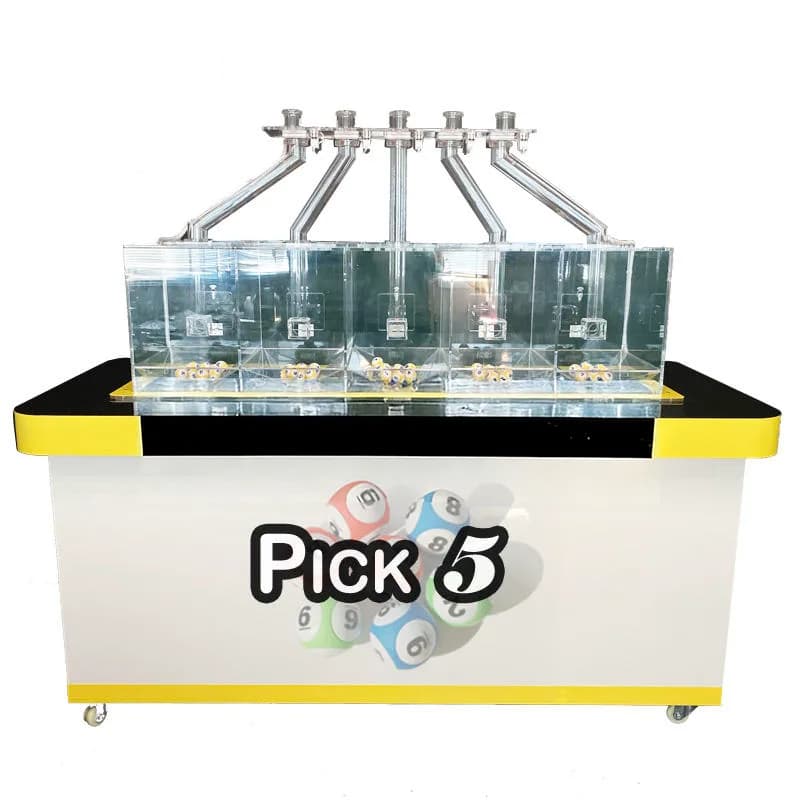 Front view of the 5P350V3 pick 5 lottery drawing machine with five transparent ball chambers and white cabinet