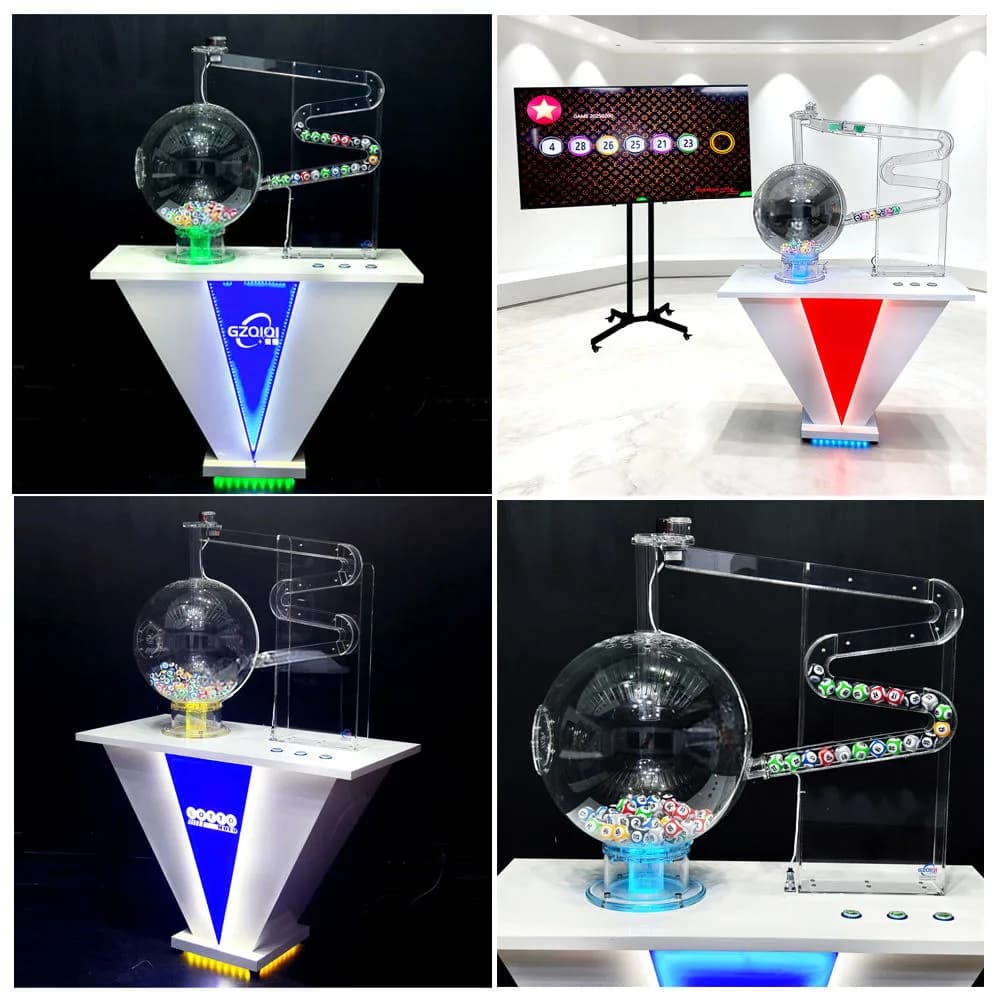 Four views of an air-mix keno lotto ball drawing machine with clear mixing globe, ball track and illuminated white V-shaped stand