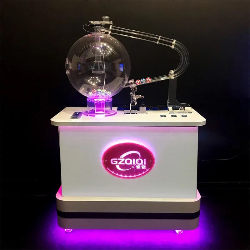 Front view of an air mix lottery machine with glowing pink LED logo, clear acrylic ball chamber and curved display tubes holding numbered lotto balls