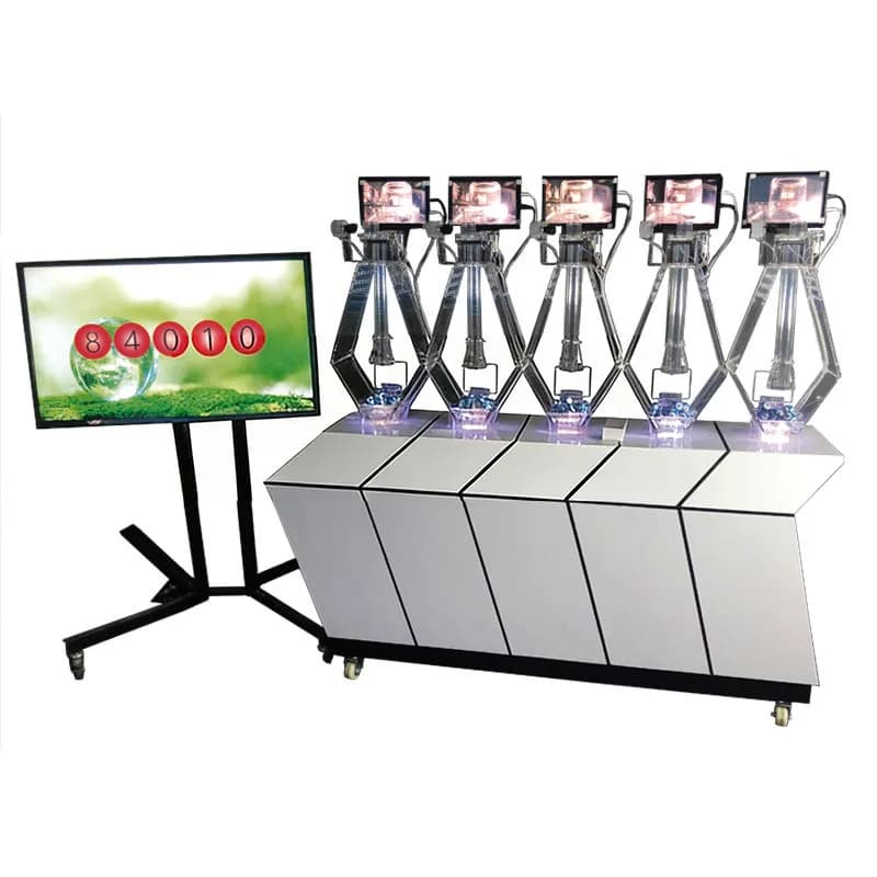 Front view of a diamond multi-cylinder lottery machine with five clear chambers on a white cabinet and a separate display screen showing numbers