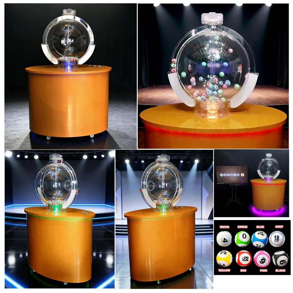 Gold lotto bingo machine with clear spherical mixing chamber on a round gold cabinet, LED-lit base and colorful numbered balls
