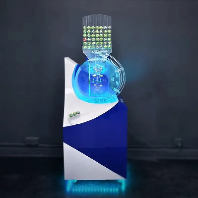 Front view of the LP500 air-mix bingo lottery machine with blue LED-lit mixing chamber and numbered ball hopper on top