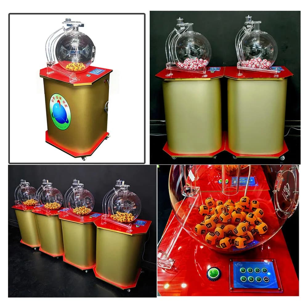 Gold and red P350 ping pong lottery machine with clear ball chamber and numbered yellow balls, shown from multiple angles
