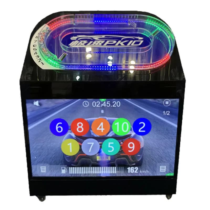 Front view of a black race-track theme 10-ball lottery machine with a glowing LED racetrack top and a screen showing numbered draw balls