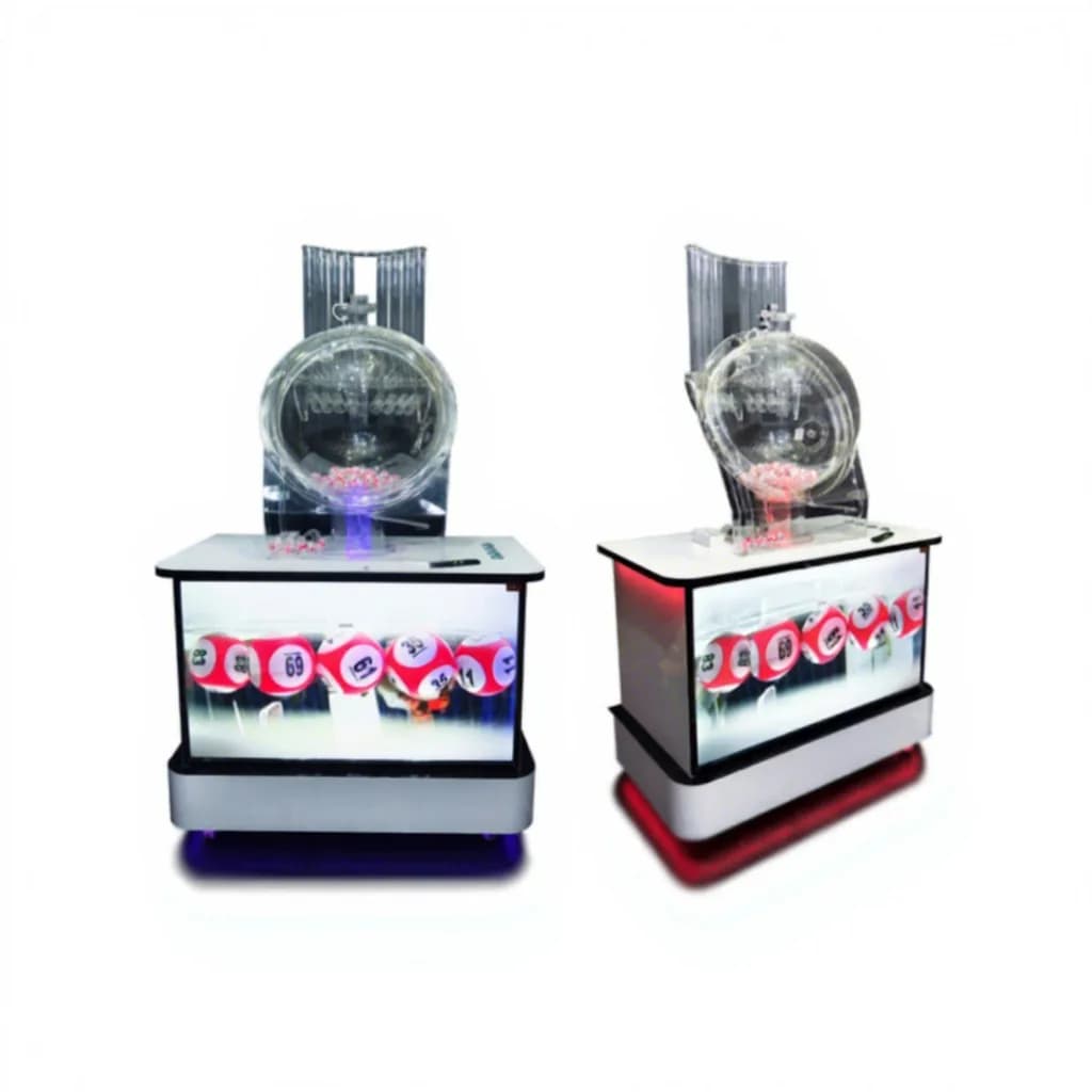 Two remote control lottery draw machines with clear ball chambers and LCD bases showing red numbered balls