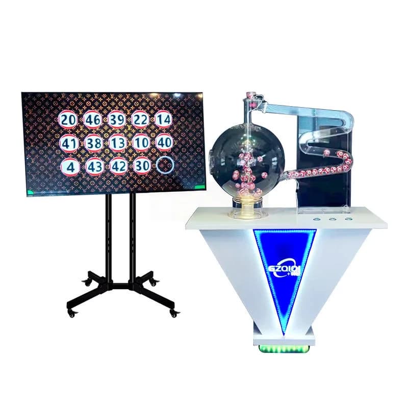 RFID air mix lottery machine with numbered balls in the clear chamber beside a screen showing drawn results