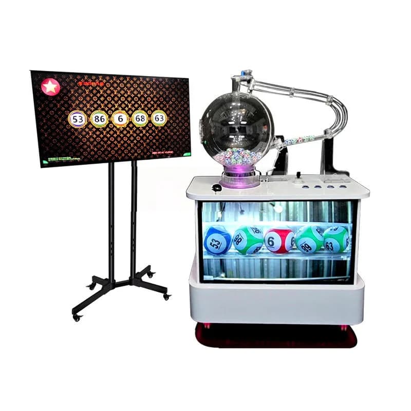 Front view of an RFID lottery machine with clear ball mixing sphere, display window and results screen on a rolling stand
