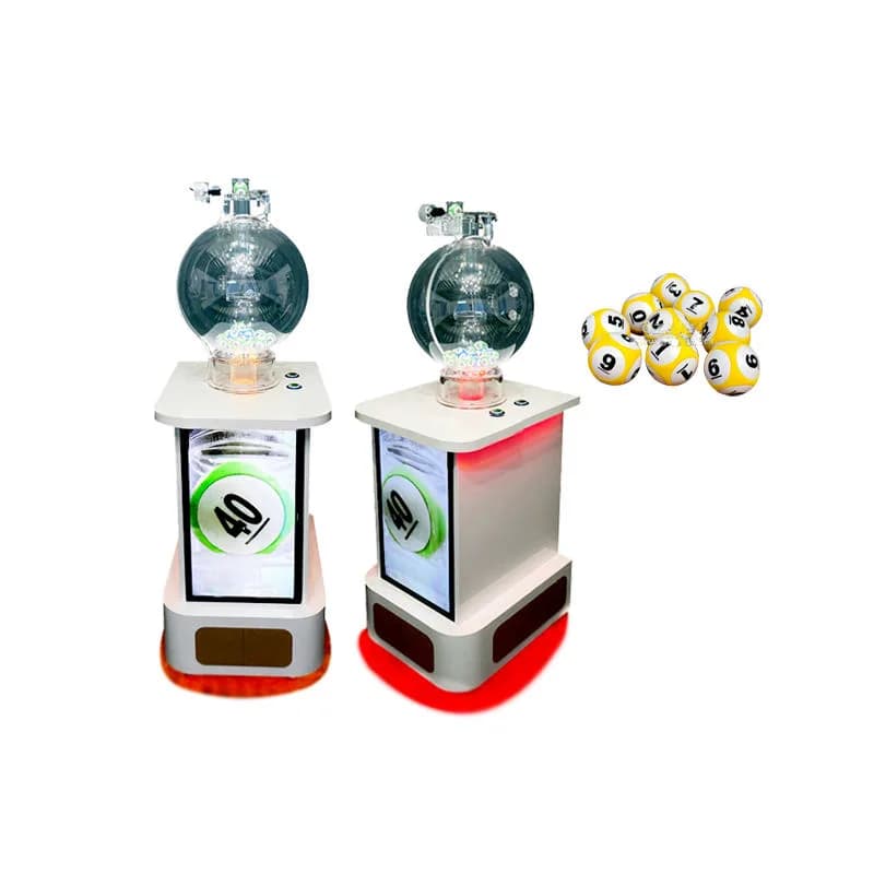 Two single-cylinder lotto machines with clear ball chambers and screens showing number 40, beside yellow numbered balls