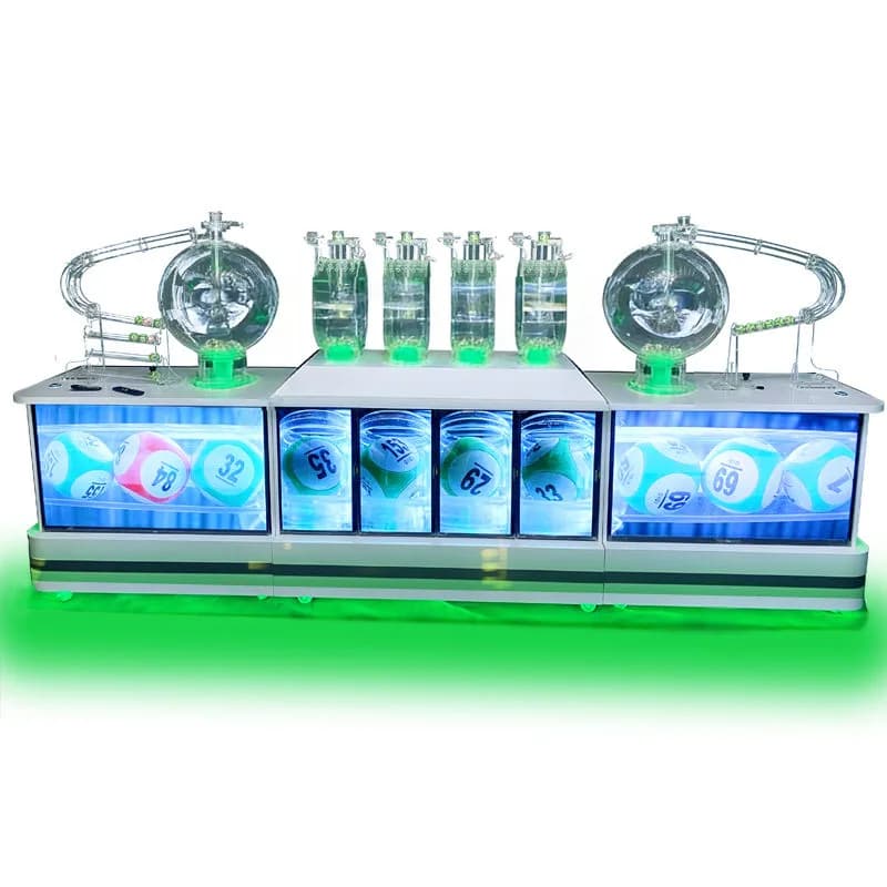 Front view of a three-machine lottery draw system with twin clear spheres, four cylinders and LED ball displays
