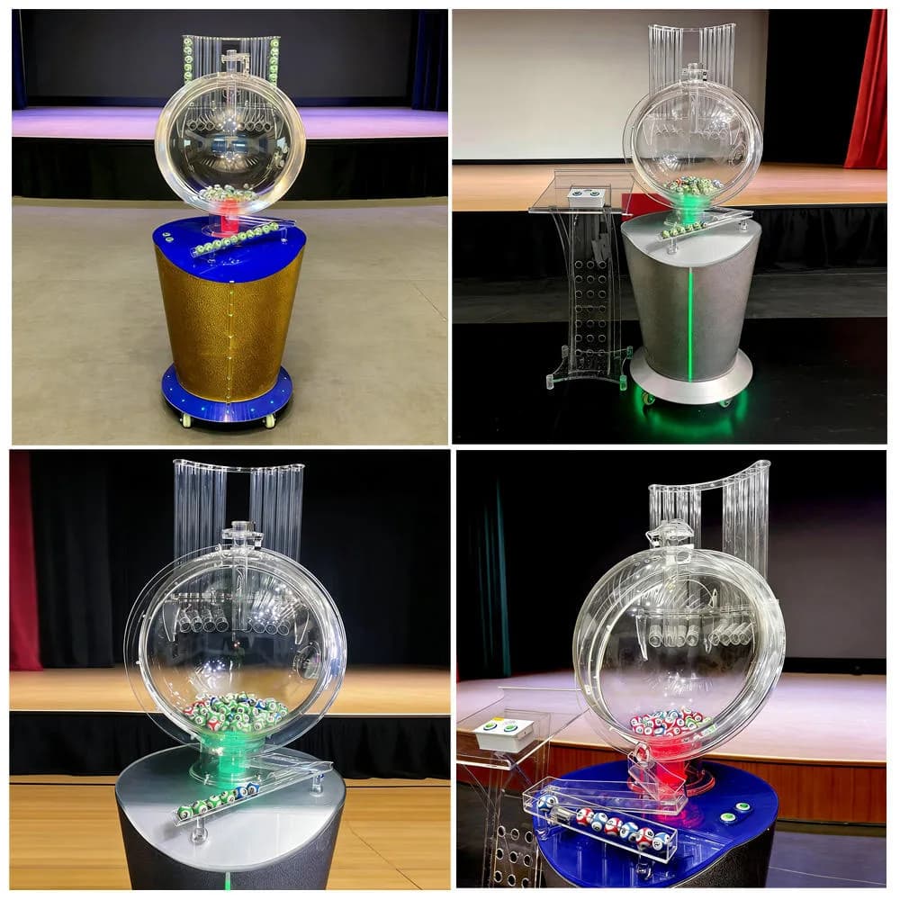 Collage of the air-blown bingo ball machine with gold and silver bases, acrylic console stand and colored LED lighting on stage